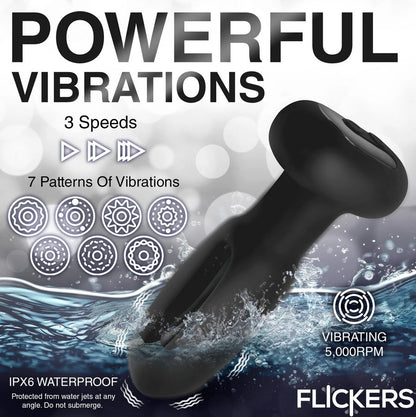 An image showcasing the vibrations. Text on the image reads: "Powerful vibrations. 3 speeds of steady vibration. 7 patterns of vibration. Vibrating 5,000 RPM. IPX6 splashproof. | Kinkly Shop