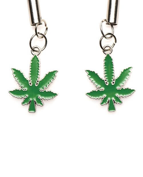 Close-up of the Mary Jane charms dangling on the base of each one of the nipple clamps. They look like enamel charms. | Kinkly Shop