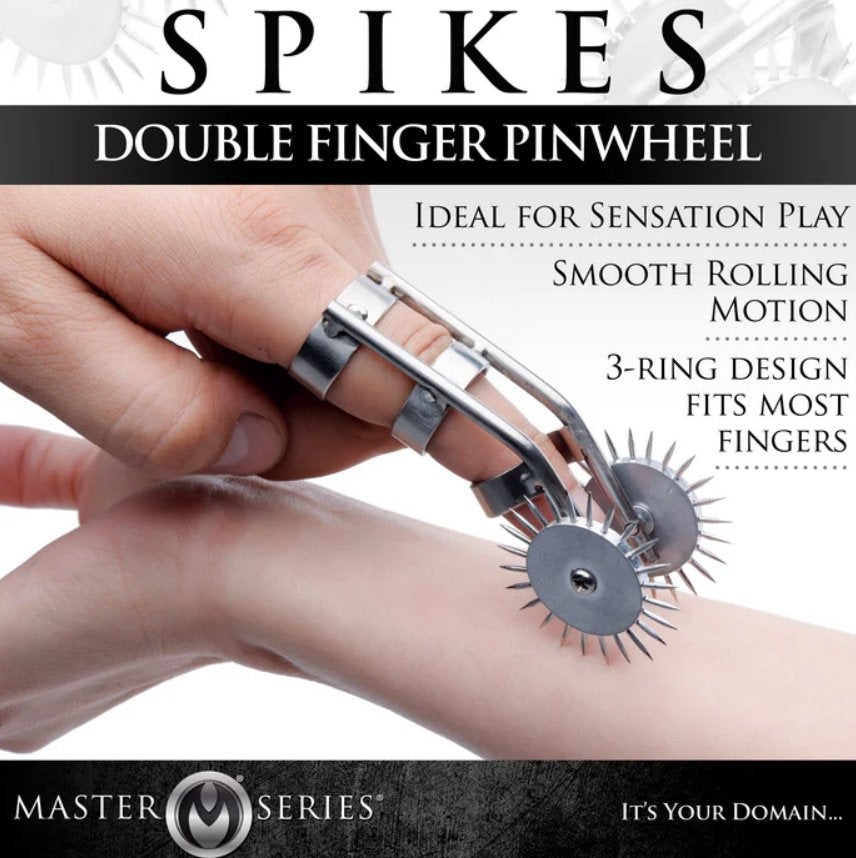 Image of the XR Brands Spikes Double Finger Pinwheel surrounded by text about the toy. Text reads: "Ideal for sensation play. Smooth rolling motion. 3-Ring Design fits most fingers." | Kinkly Shop