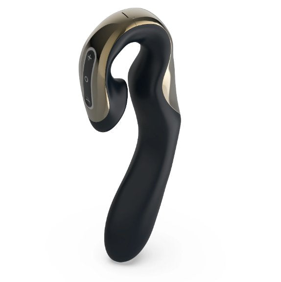 A side view of the Zini Roae in black/gold in front of a plain white background. This showcases the toy's firm rigidity as well as the unique curvature at the handle of the toy. | Kinkly Shop