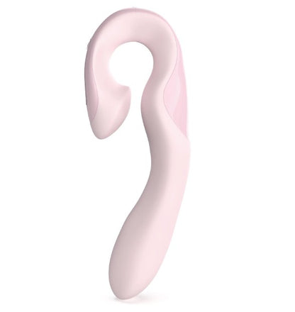 Side view of the Zini Roae. This showcases the smooth, tapered tip shape and the U-shape design of the handle of the toy. It shows the broad, angled clitoral arm designed for clitoral pleasure with a curved base of shaft crafted for more labia and vaginal entrance stimulation when it's fully inserted. | Kinkly Shop