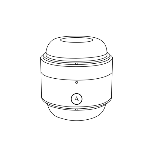 GIF of the Arcwave Voy. The illustration shows the measurements of the Voy before zooming out to show the Voy next to a camera. It looks like a camera lens. The measurement text states a length of 115mm and a width of 85mm. | Kinkly Shop