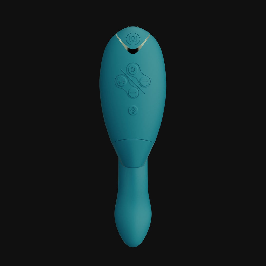 A 360-degree view of the Womanizer Duo 2 in Petrol. The toy spins in circles to showcase the different angles of the vibrator. | Kinkly Shop