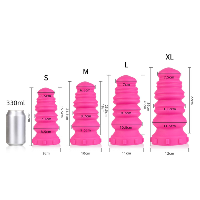 All of the four sizes of the 665 Macarons Dildo against a white background next to a soda can. The measurements of the various dildo sizes are superimposed over the dildo image. All measurements can be found in the text body of the product description. | Kinkly Shop