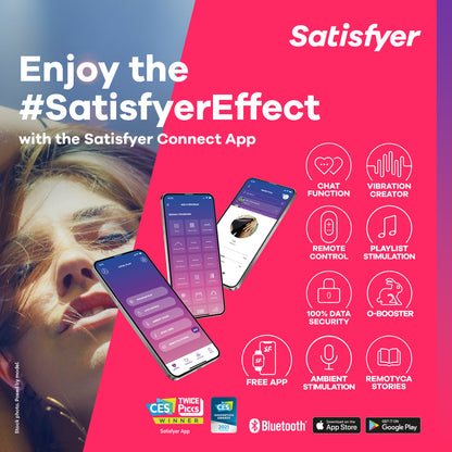 A promotional image for the Satisfyer Connect App. It has a lot of logos on it that showcase all of the things the app is capable of. The text on the image reads: "Enjoy the #SatisfyerEffect with the Satisfyer Connect App. Free App. Chat Function. Remote Control. 100% Data Security. Ambient Stimulation. Vibration Creator. Playlist Stimulation. O-Booster. Remotyca Stories. CES Twice Picks Winner. CES Innovation Awards 2021. Bluetooth. Download on the App Store. Get it On Google Play." | Kinkly Shop