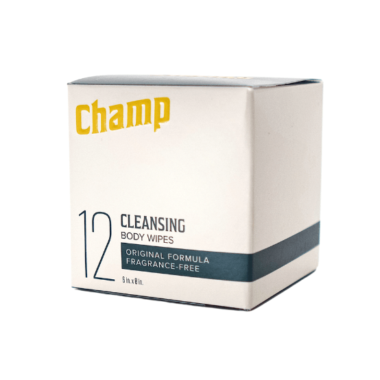 Packaging for the Champ Body-Cleansing Wipes. The square box states "Champ. 12 Cleansing Body Wipes. Original Formula. Fragrance-Free".