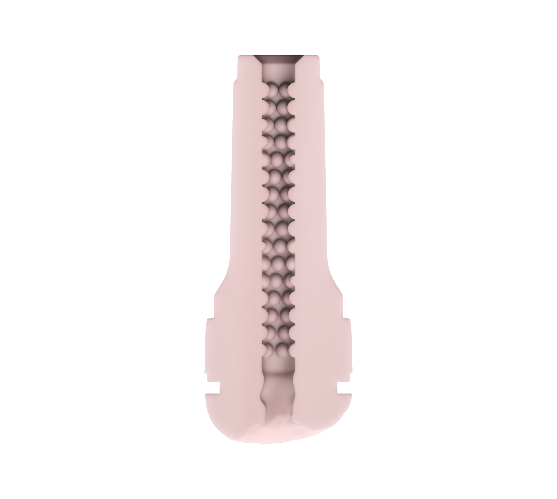 Cross-section view of the internal texture of the RealFeel stroker included with the KIIROO KEON. You can view all of the bumpy nodules that are uniform throughout the entirety of the sleeve | Kinkly Shop