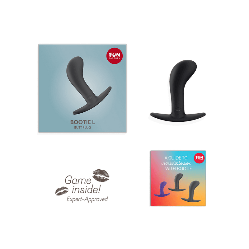 Fun Factory Bootie showing everything that comes with it. It includes instructions for a fun intimate game as well as a guide to using the Bootie. | Kinkly Shop