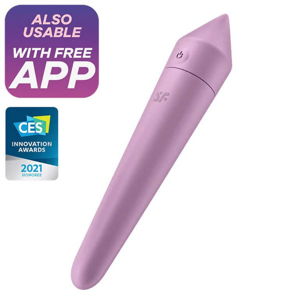 Satisfyer Ultra Power Bullet 8 in Lilac against a white background. The image has a small box that says "Also Usable with Free App" and "CES Innovation Awards 2021 Honoree" | Kinkly Shop