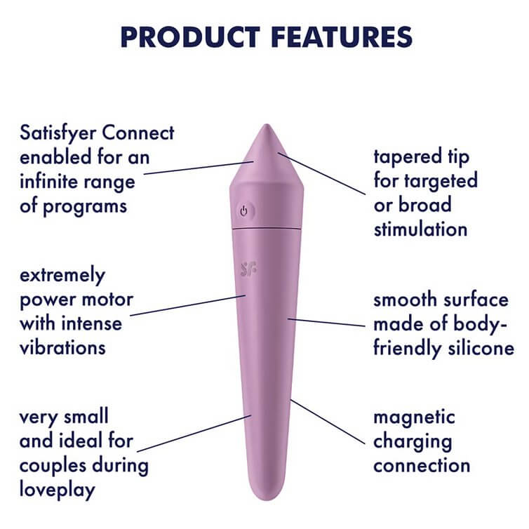 The Satisfyer Ultra Power Bullet 8 against a white background with the title text "Product Features". The feature text includes "Satisfyer Connect enabled for an infinite range of programs", "extremely powerful motor with intense vibrations", "very small and ideal for couples during loveplay", "tapered tip for targeted stimulation", "smooth body made of body-friendly silicone", and "magnetic charging connection". | Kinkly Shop