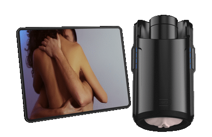 GIF showing the KIIROO KEON synchronized to the movement of a couple having intercourse on a nearby tablet device | Kinkly Shop