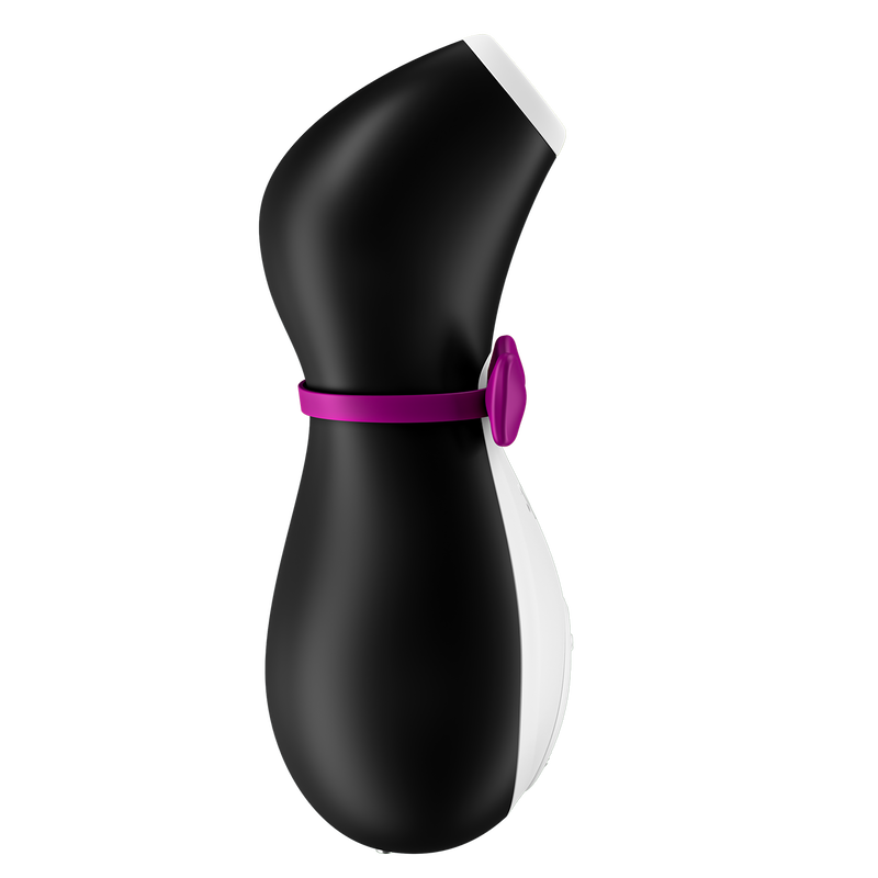 Side profile of the Satifyer Pro Penguin. this angle showcases the widest, easy-grip base in addition to the "bowtie" that wraps around the narrowest part of the handle. | Kinkly Shop