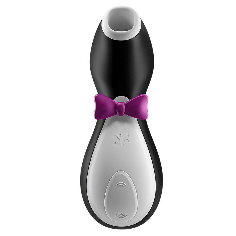 Front view of the Satifyer Pro Penguin. There is a rocker button near the base that has the two buttons to control the vibrator. There's a "bowtie" near the middle of the vibe. The wide, open, hollow at the tip. | Kinkly Shop
