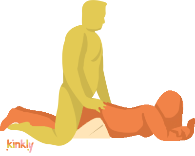 Illustrated sex position called "Little Lift". A long-haired receptive partner is laying on top of the Liberator Wedge and using the Wedge's support to elevate their hips. The penetrating partner is kneeling behind the receptive partner with their knees on either side of the laying partner's legs to penetrate. | Kinkly Shop