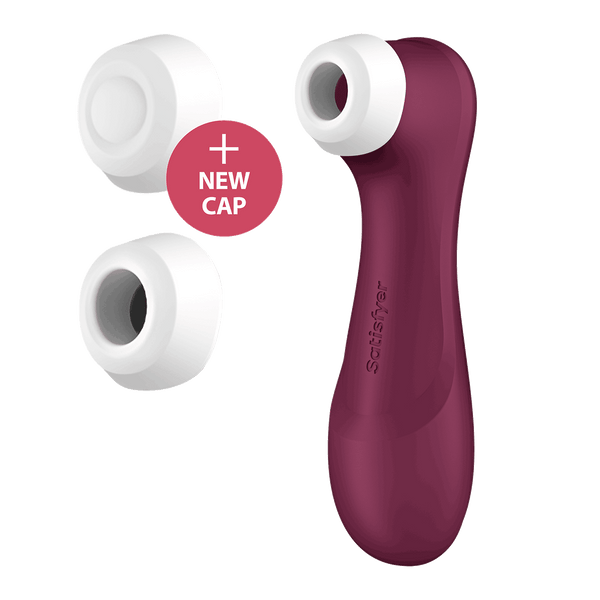The Satisfyer Pro 2 - Generation 3 up against a white background. Next to it, two caps are displayed including a "sealed" additional tip that serves as a cover for the air suction hole. | Kinkly Shop