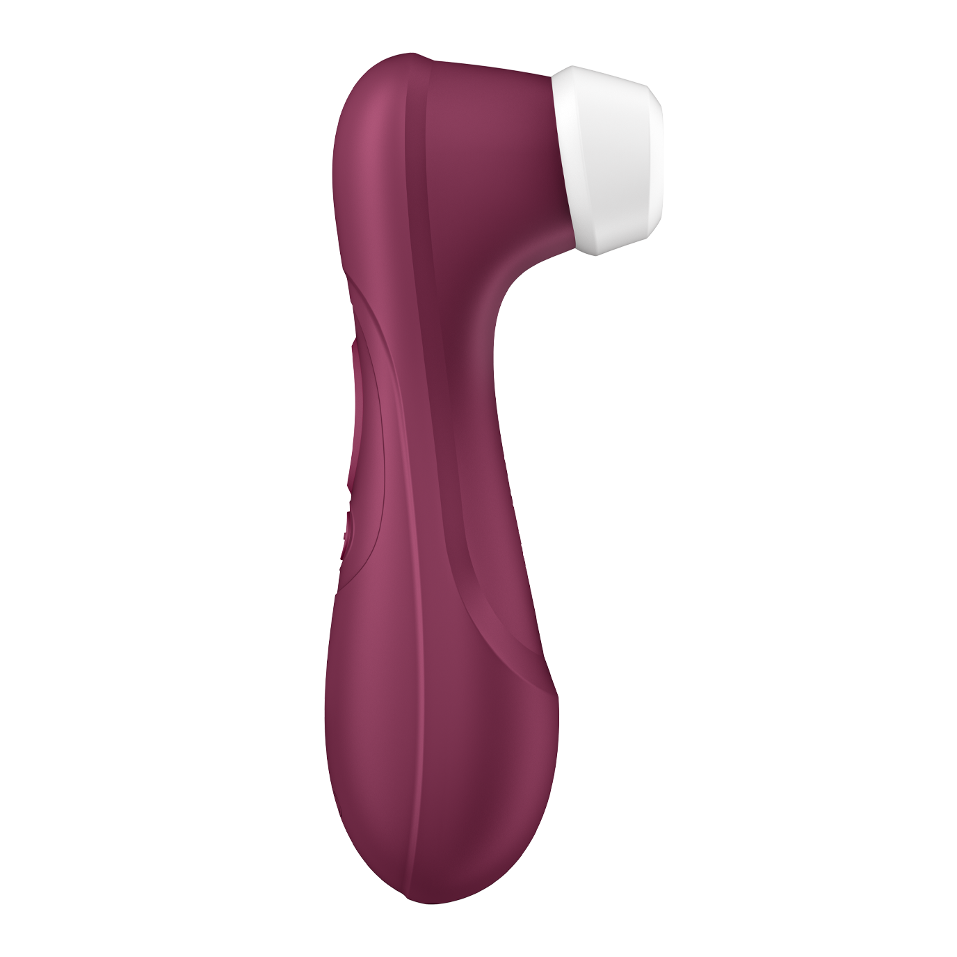 Side view of the Satisfyer Pro 2 - Generation 3. This angle showcases the full plastic body that has a removable, interchangeable silicone tip. The plastic body has a lot of divets and texture changes for easier handling. | Kinkly Shop