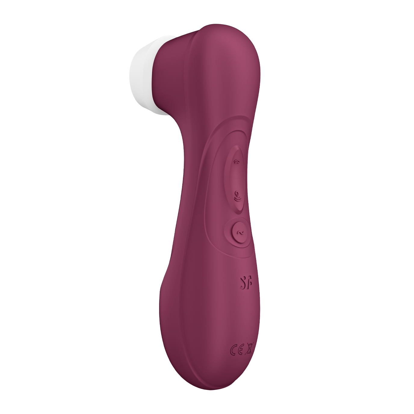 A 3/4ths view of the Satisfyer Pro 2 - Generation 3. This angle shows off the control buttons for the toy. There are three buttons on the handle of the toy. Two buttons control the air suction intensities while the third button controls the vibrations. | Kinkly Shop