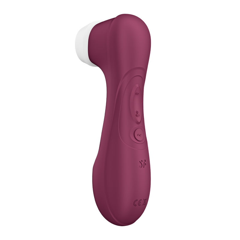 A 3/4ths view of the Satisfyer Pro 2 - Generation 3. This angle shows off the control buttons for the toy. There are three buttons on the handle of the toy. Two buttons control the air suction intensities while the third button controls the vibrations. | Kinkly Shop