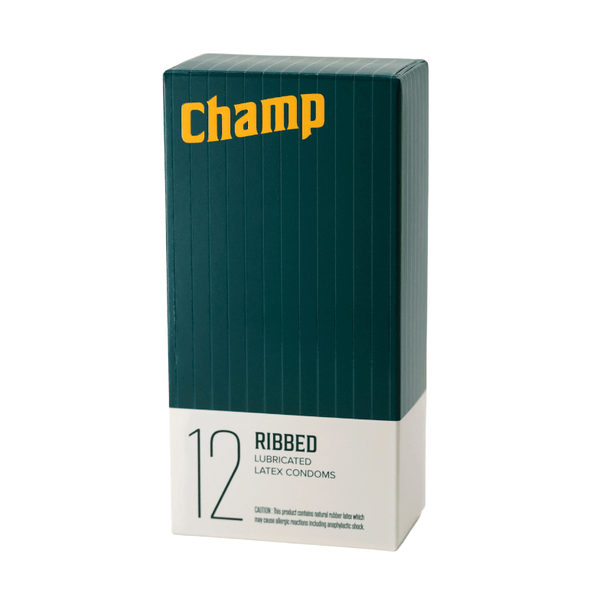 Packaging of the Champ Ribbed Condoms - 12 Pack. The box is white and green and reads "Champ. 12 Ribbed Lubricated Latex Condoms." | Kinkly Shop