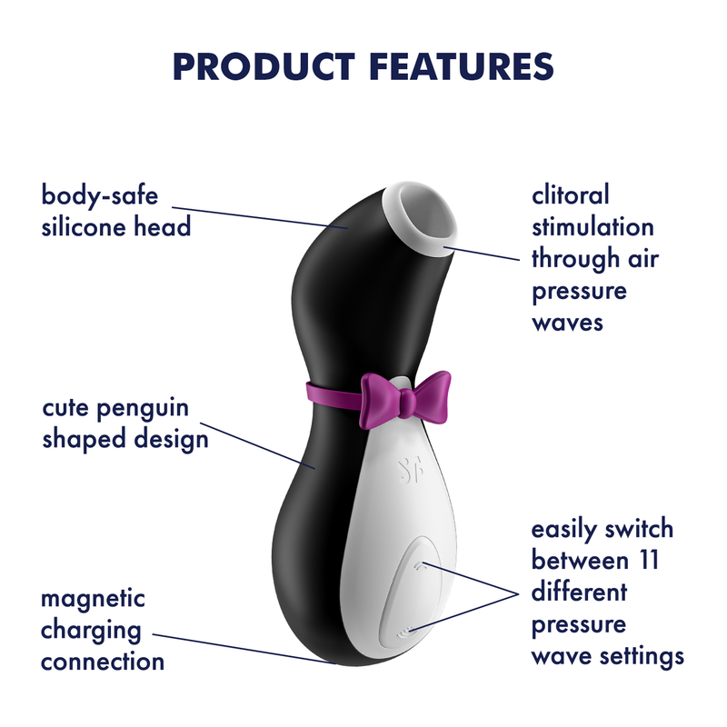Image of the Satifyer Pro Penguin up against a white background. The features are written out around the product with arrows pointing to them. The text states: "body-safe silicone head. cute penguin shaped design. magnetic charging connection. clitoral stimulation through air pressure waves. easily switch between 11 different pressure wave settings." | Kinkly Shop