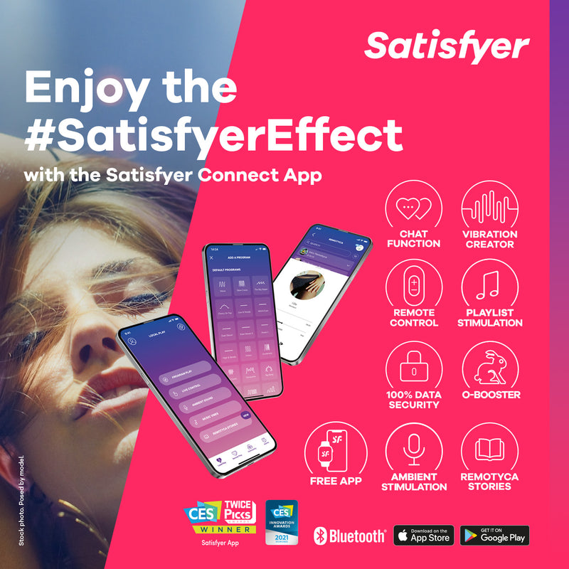 A promotional image for the Satisfyer Connect App. It has a lot of logos on it that showcase all of the things the app is capable of. The text on the image reads: "Enjoy the