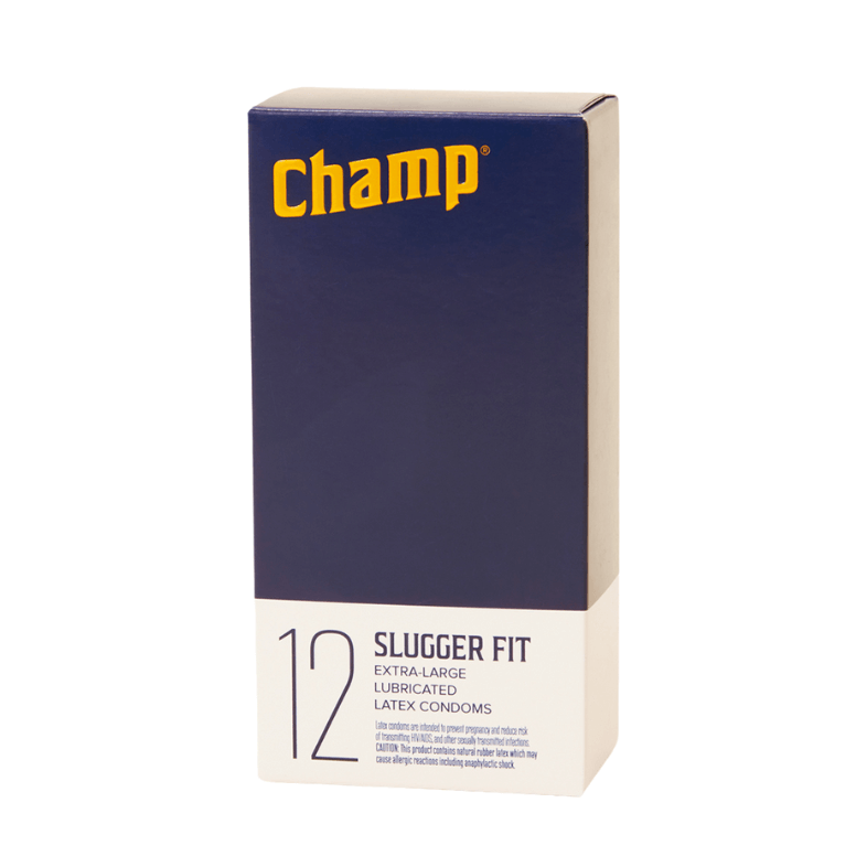 Box of the Champ Slugger Fit XL Condoms - 12 Pack. The box is white and blue with the gold "Champ" logo on it. The box also reads "12 Slugger Fit Extra-Large Lubricated Latex Condoms." | Kinkly Shop