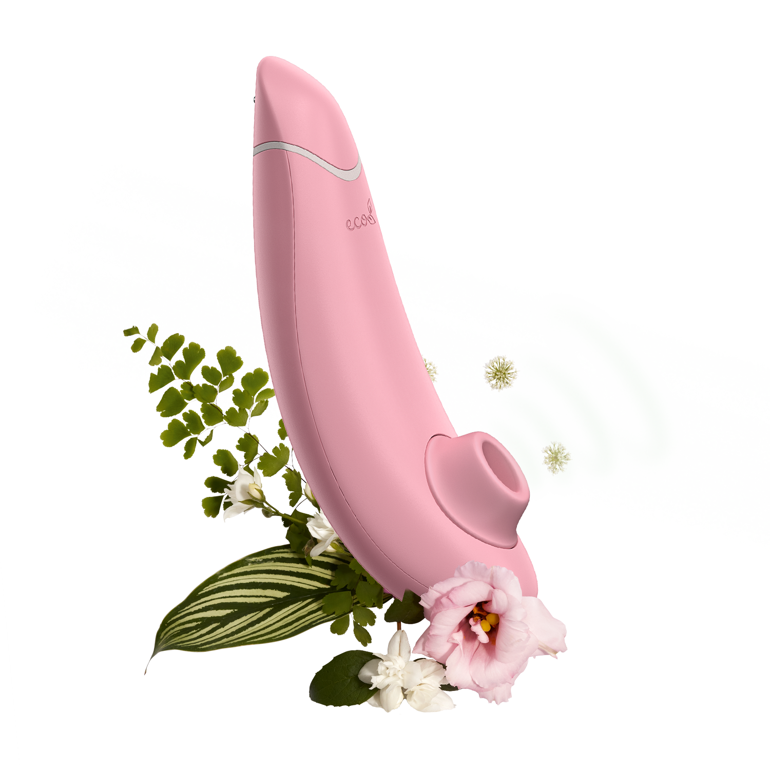 Womanizer Premium Eco Friendly Vibrator surrounded by illustrated greenery | Kinkly Shop