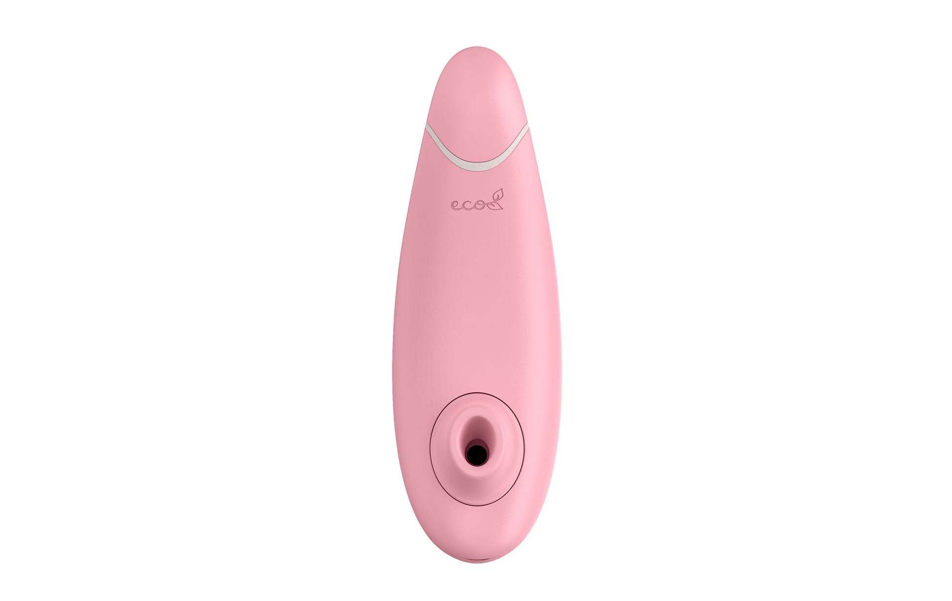 Top-down view of the vibrator shows the front side of the Womanizer Premium Eco Friendly Vibrator. It shows the eco label printed on the shaft in addition to the deep hole of the stimulator tip. | Kinkly Shop