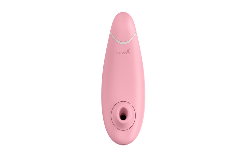 Top-down view of the vibrator shows the front side of the Womanizer Premium Eco Friendly Vibrator. It shows the eco label printed on the shaft in addition to the deep hole of the stimulator tip. | Kinkly Shop