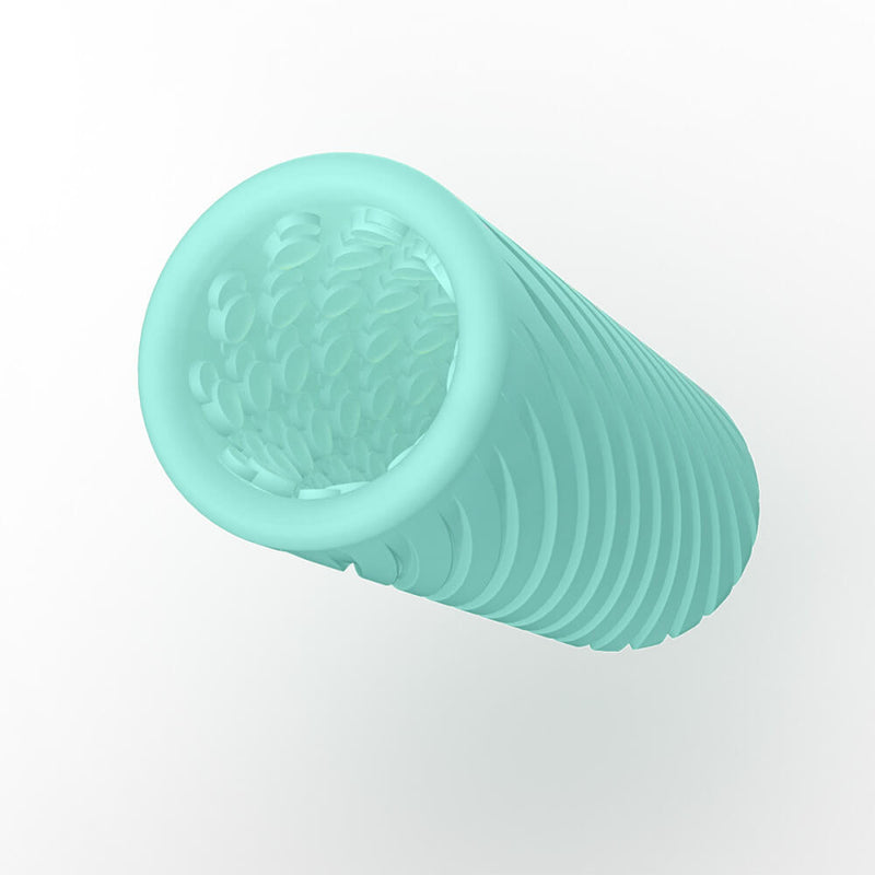 3/4ths view of the Arcwave Ghost showcases the reversible design of the toy. The circular, protruding texture can be viewed inside of the stroker while the external, wavy ridges are seen on the outside of the stroker. The external texture also helps make for easier gripping of the Arcwave Ghost during use. | Kinkly Shop