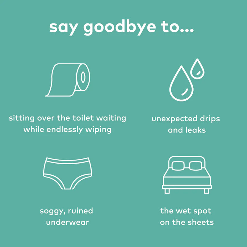An image filled with text and illustrations. The image reads: "Say goodbye to... sitting over the toilet waiting while endlessly wiping. Unexpected drips and leaks. Soggy, ruined underwear. The wet spot on the sheets." | Kinkly Shop