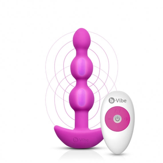 The b-Vibe Triplet Anal Beads against a plain white background. Illustrations of what are inside of the anal beads are shown on top of the anal beads. There's a vibrating motor in the middle bead and a second vibrating motor on the bead closest to the base. | Kinkly Shop