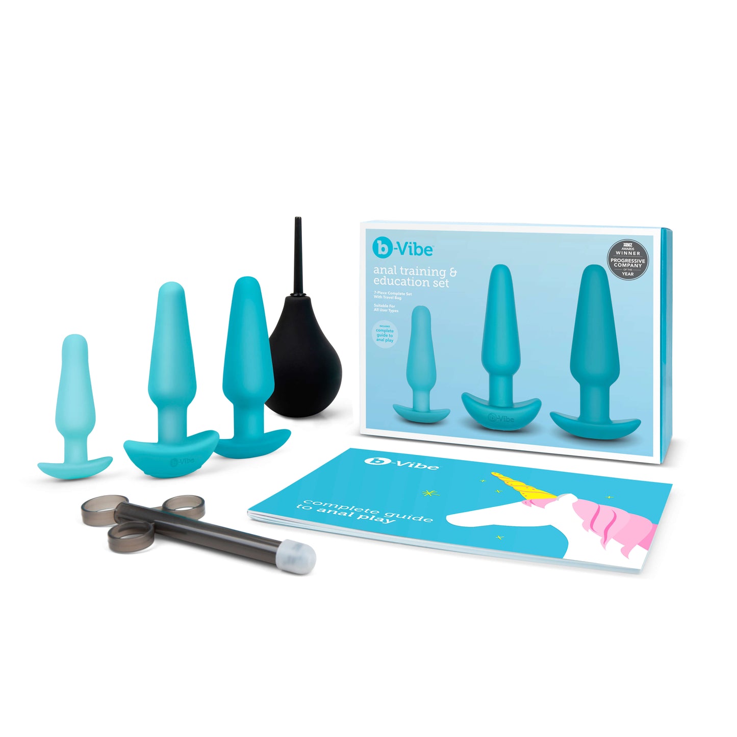 Everything that's included within the b-Vibe Anal Training Kit against a white background. The image shows the small plug, the medium plug, the large plug, the enema bulb, the lube shooter, and the full-color educational booklet. Plus the packaging! | Kinkly Shop