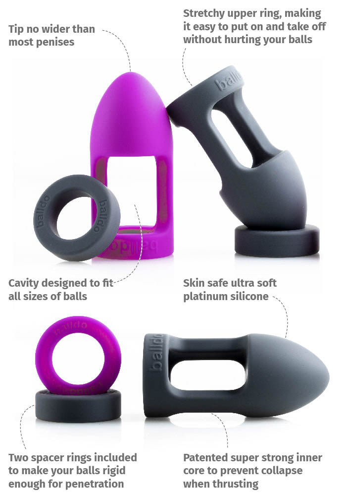 Details of the Balldo in both colors sitting out together. Various detail text on the image includes "Tip no wider than most penises", "Stretchy upper ring, making it easy to put on and take off without hurting your balls", "Cavity designed to fit all sizes of balls", "Skin safe ultra soft platinum silicone", "two spacer rings included to make your balls rigid enough for penetration", and "patented super strong inner core to prevent collapse when thrusting" | Kinkly Shop