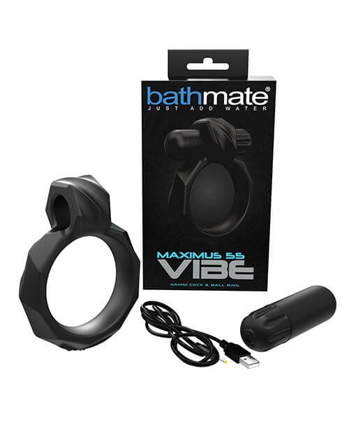 Everything included with the Bathmate Maximus cock ring sitting out next to the packaging it comes in. There's the cock ring itself, the bullet vibrator that goes in the cock ring, and the charging cable for the bullet vibrator. | Kinkly Shop