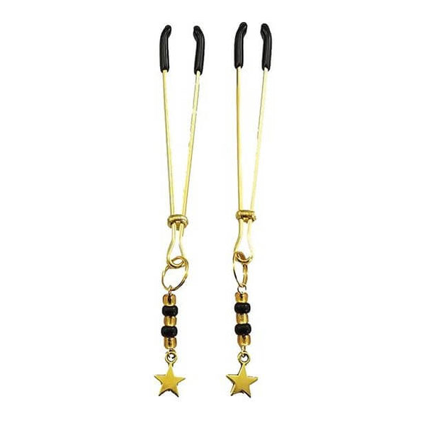 Bijoux de Nip Black and Gold Beads with Star. The tweezer-style nipple clamps are gold with full gold hardware. Hanging from each clamp are four beads, alternating black and gold, and finishing off in a gold star charm. The rubber tips of each clamp tip are black rubber. | Kinkly Shop