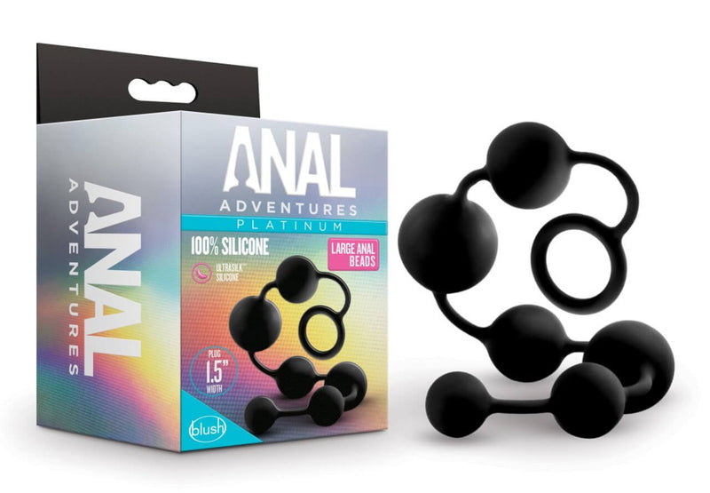 Packaging for the Blush Anal Adventures Large Anal Beads displayed against a white background with a picture of the Blush Anal Adventures Large Anal Beads next to it. | Kinkly Shop