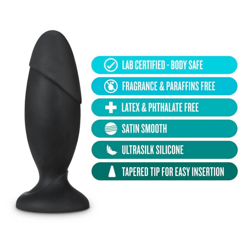Blush Anal Adventures Rocket Plug against a white background with a list of features stated next to it. The features read: "Lab Certified - Body Safe. Fragrance and Paraffin Free. Latex and Phthalate Free. Satin Smooth. Ultrasilk Silicone. Tapered Tip for Easy Insertion." | Kinkly Shop