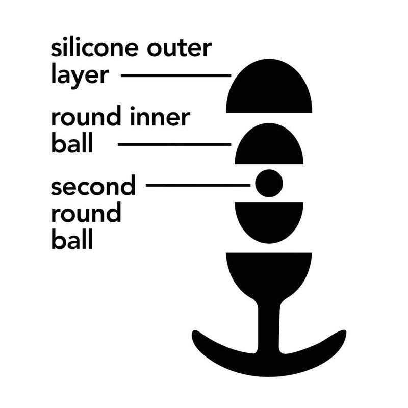 Illustration that shows the design of the Blush Anal Adventures Vibra Round Butt Plug. It shows the plug's lid "lifted off" to showcase the round ball design. There's a Silicone Outer Layer which contains the Round Inner Ball inside. Inside the Round Inner Ball, there's a Second Round Ball for constant stimulation. | Kinkly Shop