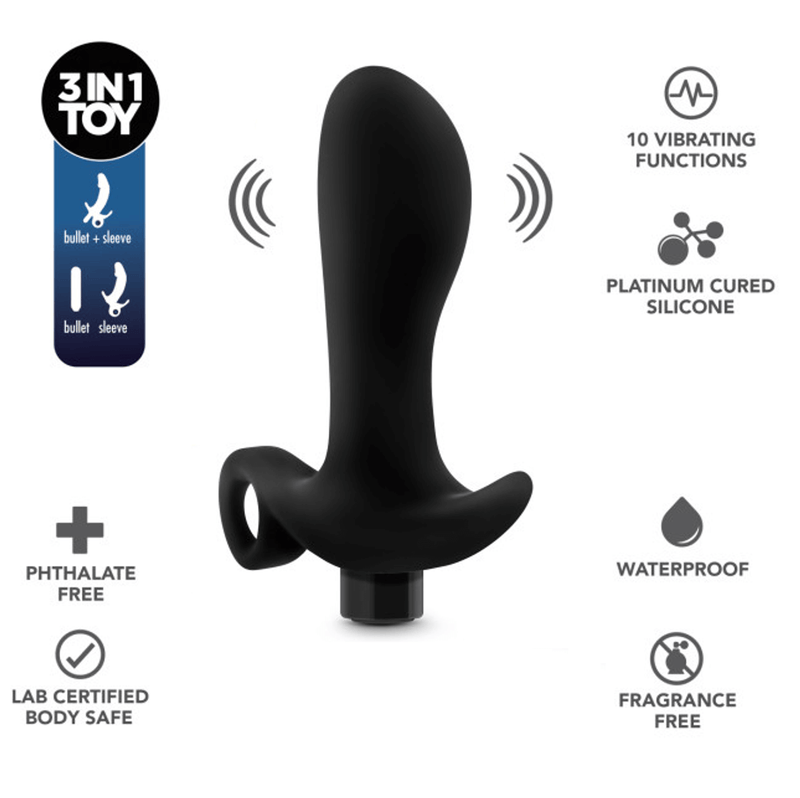 Blush Anal Adventures Vibrating Prostate Massager 01 up against a white background. The features are illustrated around the massager. Features state: "3 in 1 Toy. Bullet + Sleeve. Phthalate Free. Lab Certified Body Safe. 10 Vibrating Functions. Platinum Cured Silicone. Waterproof. Fragrance Free." | Kinkly Shop