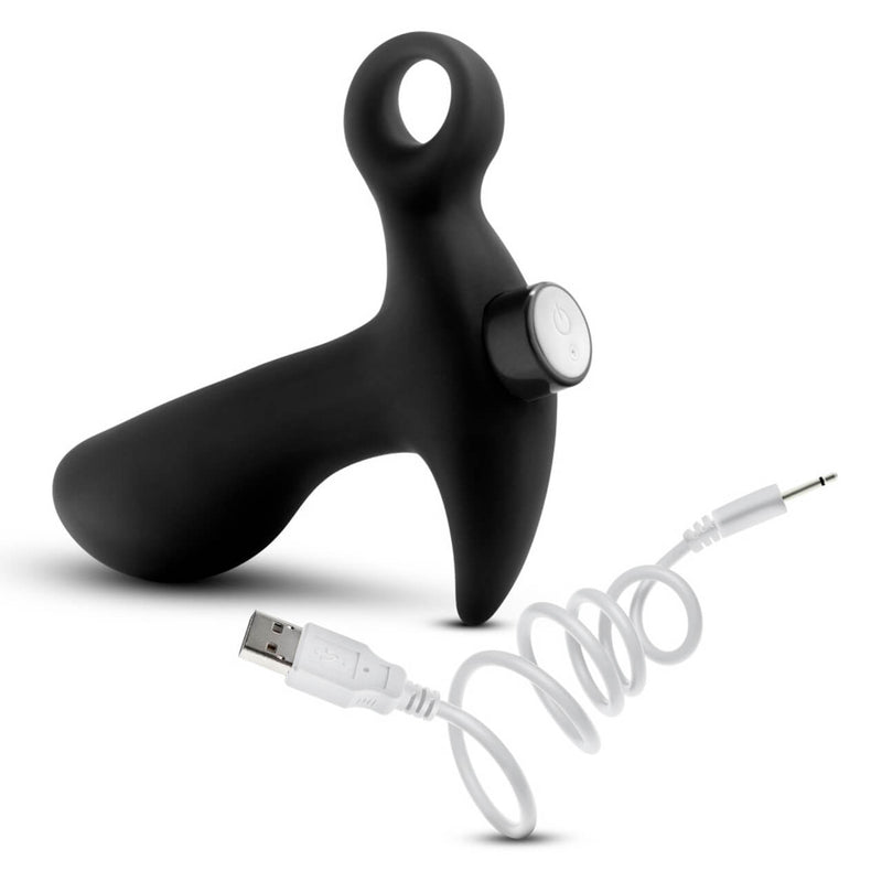 Charging cable shown next to the Blush Anal Adventures Vibrating Prostate Massager 01. The base of the plug is shown to the camera. This angle shows the bullet vibrator that extends past the base of the prostate massager. | Kinkly Shop