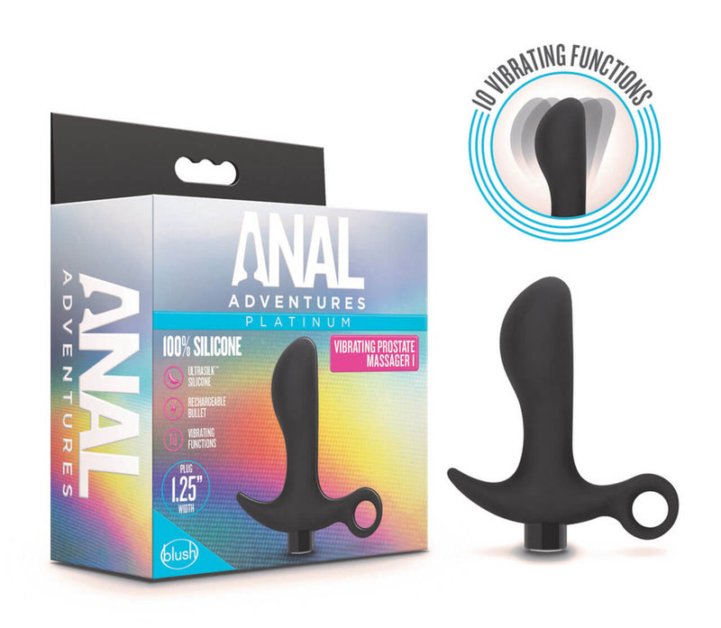 The packaging for the Blush Anal Adventures Vibrating Prostate Massager 01 shown next to the prostate massager. A graphic in the corner of the prostate massager shows the tip of massager. | Kinkly Shop