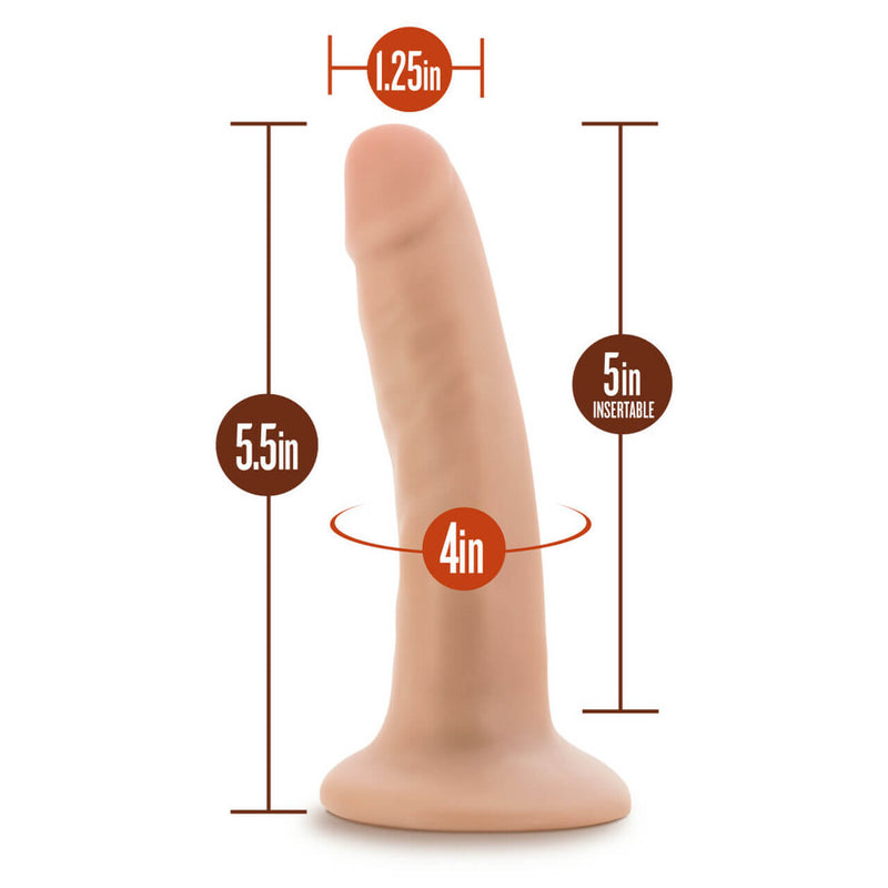 A picture of the Blush Dr. Skin Lucas dildo with all of the measurements of the dildo superimposed over it. All of the measurements are located within the product description text. | Kinkly Shop