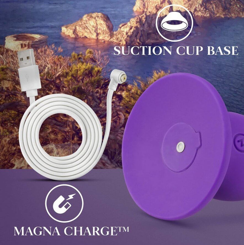 Close-up of the base of the Blush Impressions Ibiza. The magnetic charging port at the very bottom of the toy can be seen. A picture of the magnetic charging cable is shown next to it. The text on the image reads "Magna Charge" and "Suction Cup Base". | Kinkly Shop