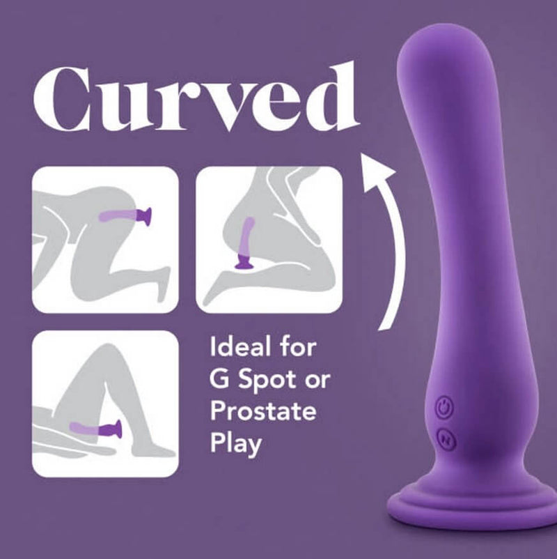 Blush Impressions Ibiza against a purple background. To the left of the sex toy, there are three illustrations of people using the Blush Impressions Ibiza in various positions. The text on the image reads "Curved. Ideal for G-spot or Prostate Play" | Kinkly Shop