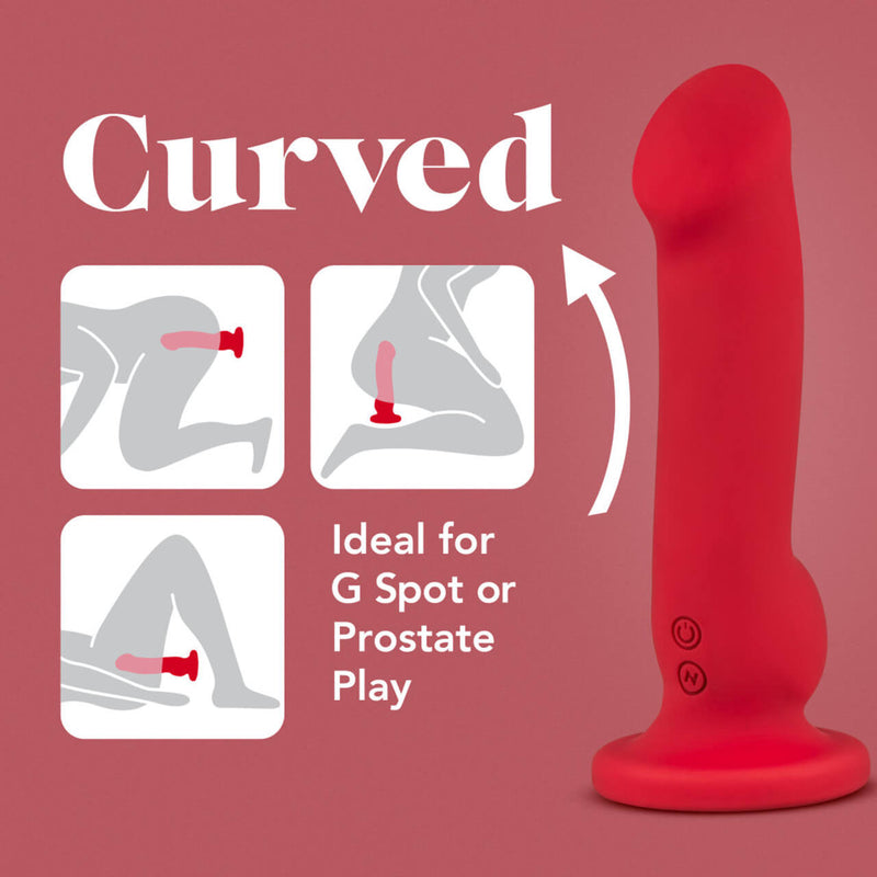 The Blush Impressions Las Vegas up against a red background. To the left of the image are three illustrations that show generic drawn bodies using the Blush Impressions Las Vegas in different positions. The text on the image reads "Curved. Ideal for G-Spot or Prostate Play" | Kinkly Shop
