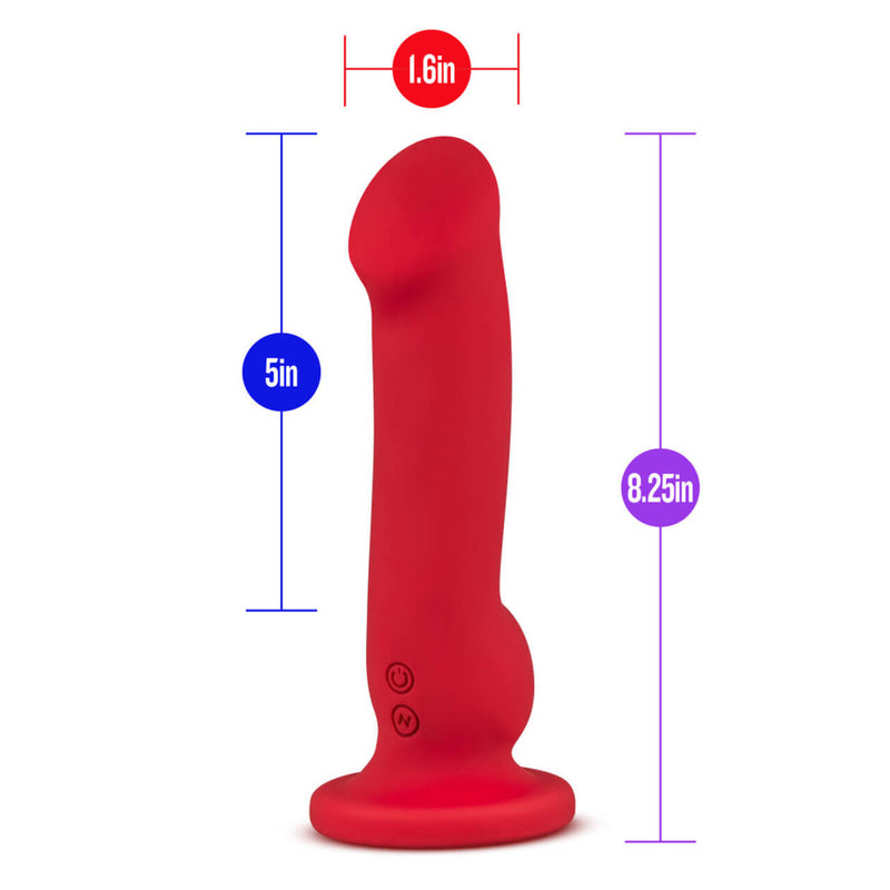 Blush Impressions Las Vegas against a plain white background. The images for the vibrator are superimposed on top of the image. All measurements can be found in the written body of the product description. | Kinkly Shop
