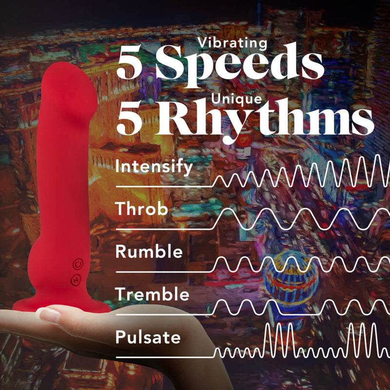 A hand holds up the Blush Impressions Las Vegas in front of a photo of a busy city. Written on top of the city image is the text "5 Vibrating Speeds. 5 Unique Rhythms. Intensify. Throb. Rumble. Tremble. Pulsate." A wavy line next to each of the five rhythms is a visual representation of the sensations the vibrating pattern provides. | Kinkly Shop
