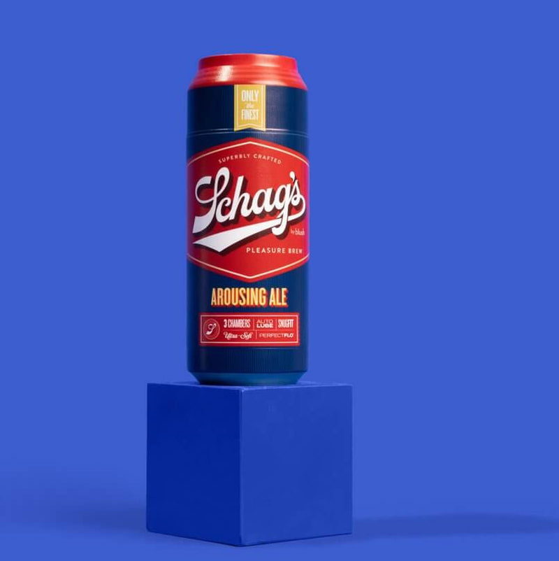 The Blush Schag's Beer Stroker in Arousing Ale sits on top of a blue cube in front of a blue background. | Kinkly Shop