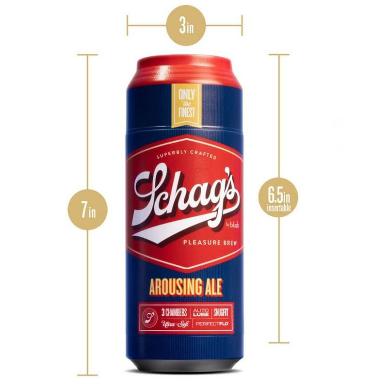 An image of the Blush Schag's Beer Stroker up against a white background. The measurements of the stroker are superimposed over the stroker. The measurements can all be found in the product description. | Kinkly Shop